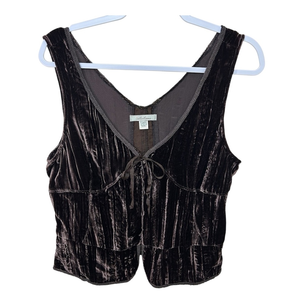 Intuitions Vintage Y2K Velvet Chocolate Brown Tie Front Bow Sleeveless Tank Top